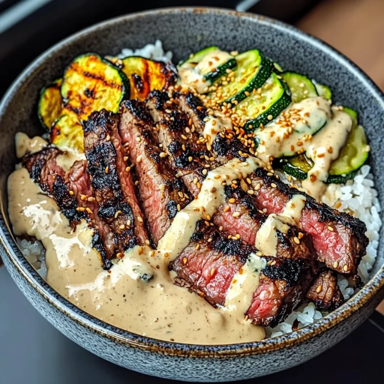 Grilled Steak Bowl With Creamy Sauce & Grilled Zucchini