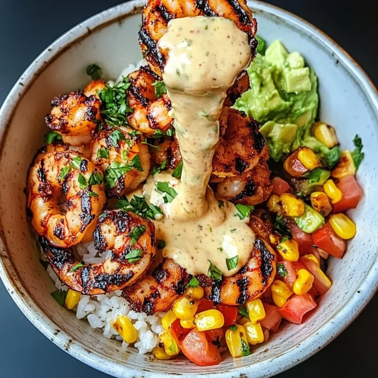 Grilled Shrimp Bowl with Avocado, Corn Salsa & Creamy Sauce