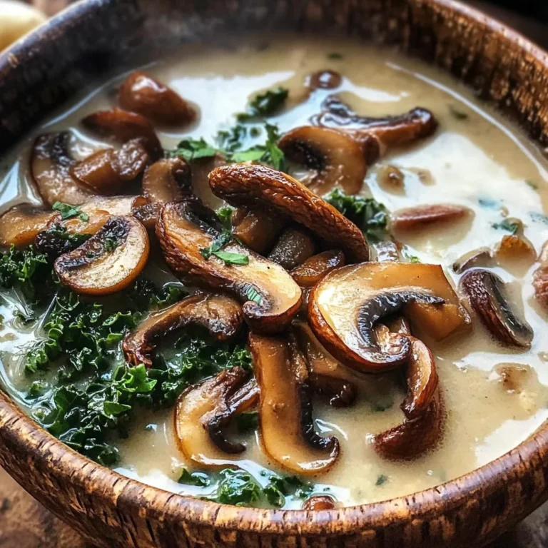 Wild Mushroom, Caramelized Onion and Kale Soup